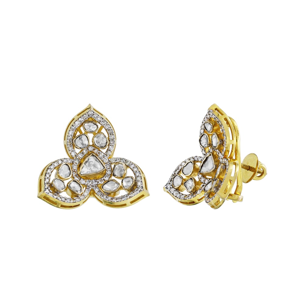 Clovershaped Uncut Diamond Earrings with Pave Diamond Frame