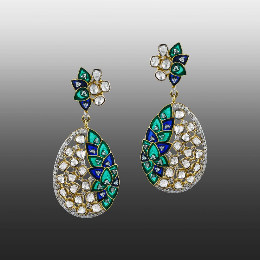 Earrings with Uncut Diamonds and Blue-Green Enamel