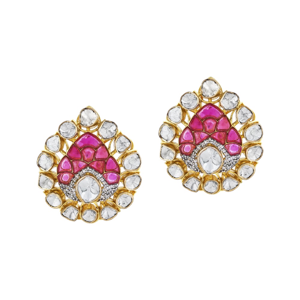 Teardrop Earrings with Uncut Diamonds and Pink Talaf