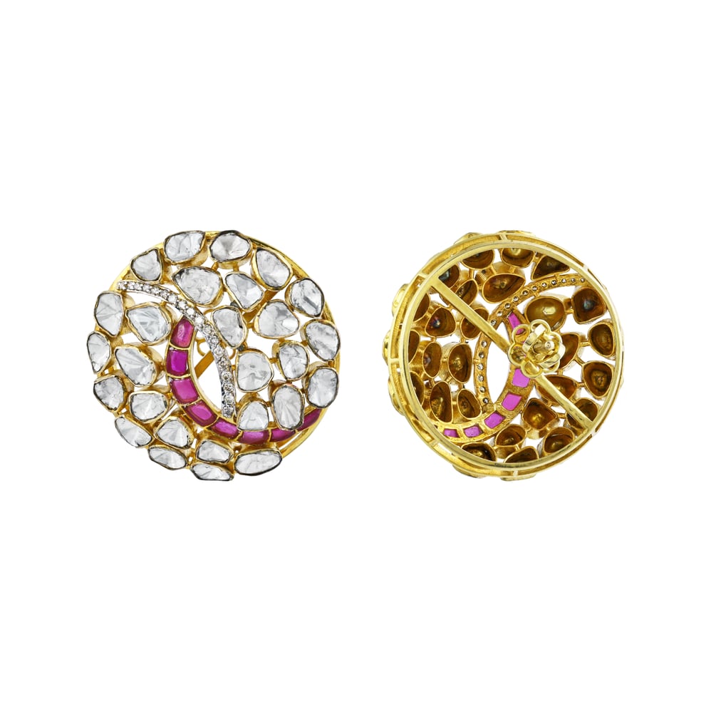 Round Polki Earrings with Pink Swirl Accent
