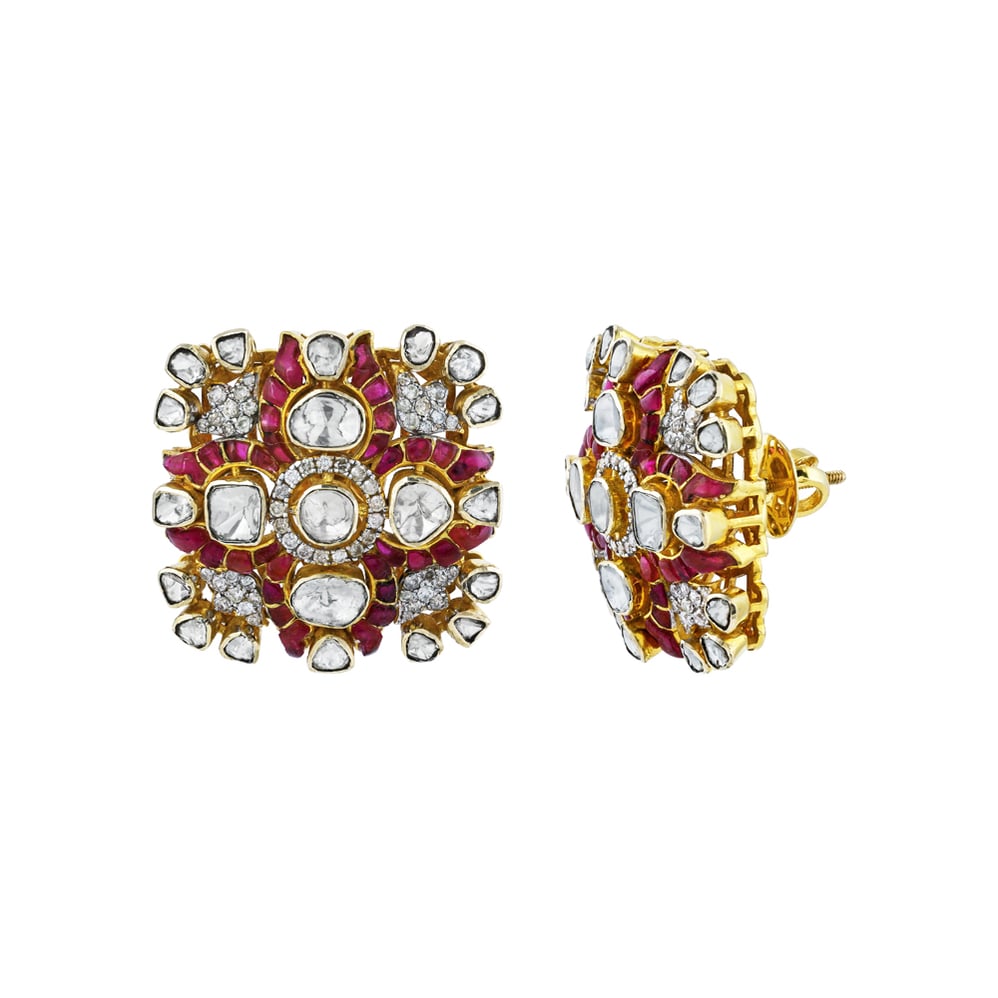 Square Polki Stud Earrings with Red Accents