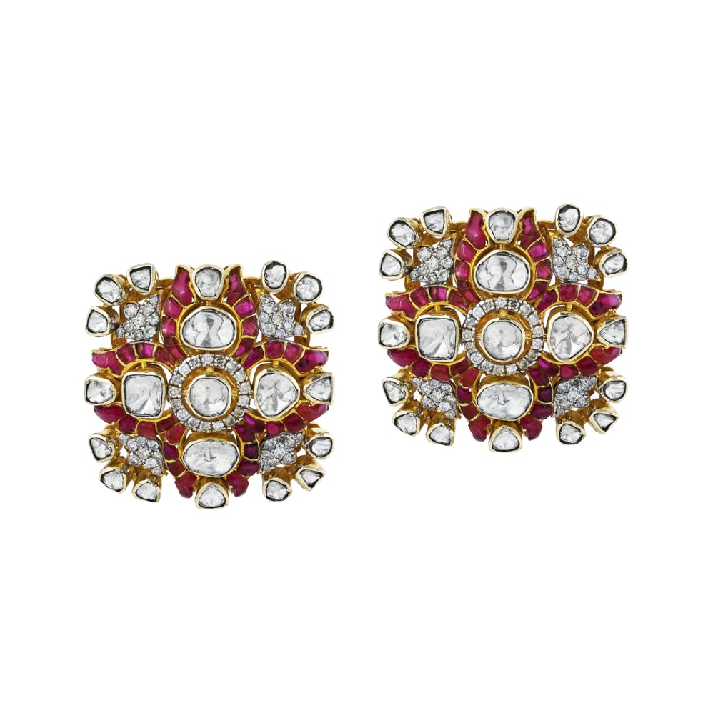 Square Polki Stud Earrings with Red Accents