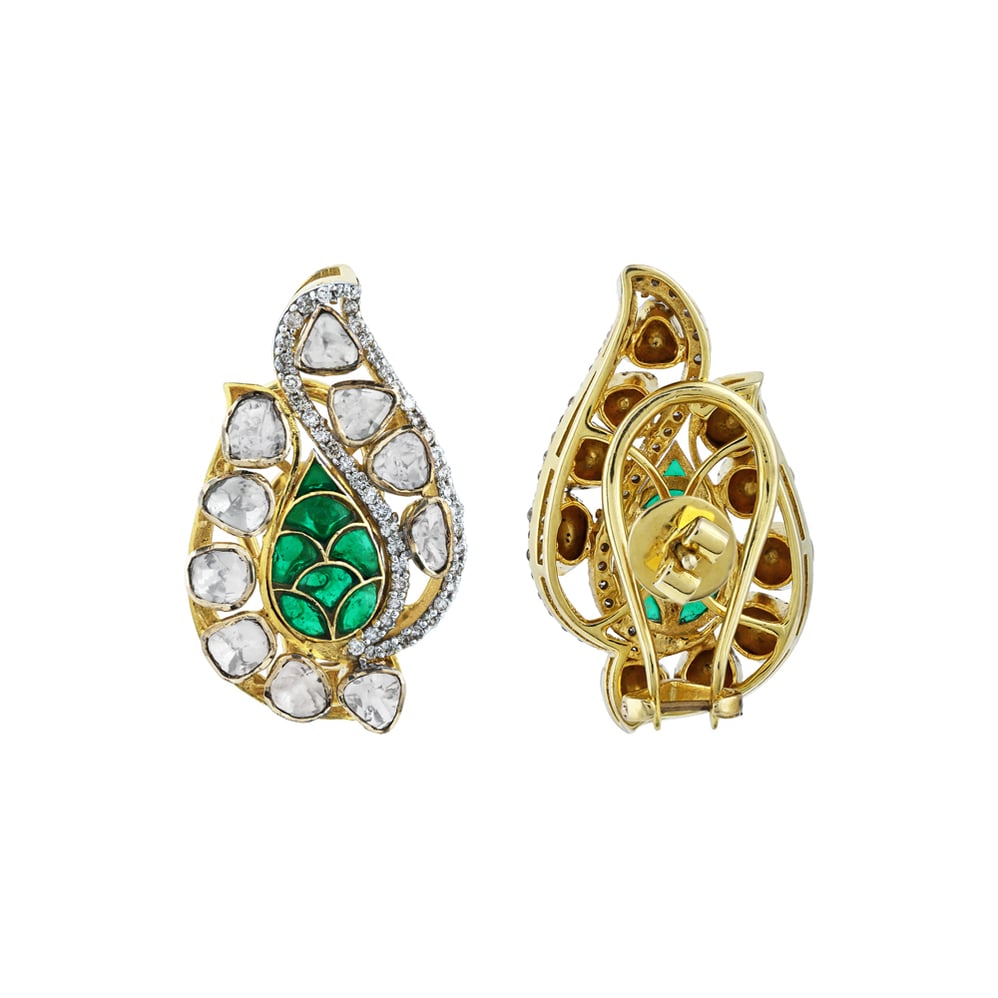 Leafy Earrings with Uncut Diamond Polki and Vibrant Green Accents