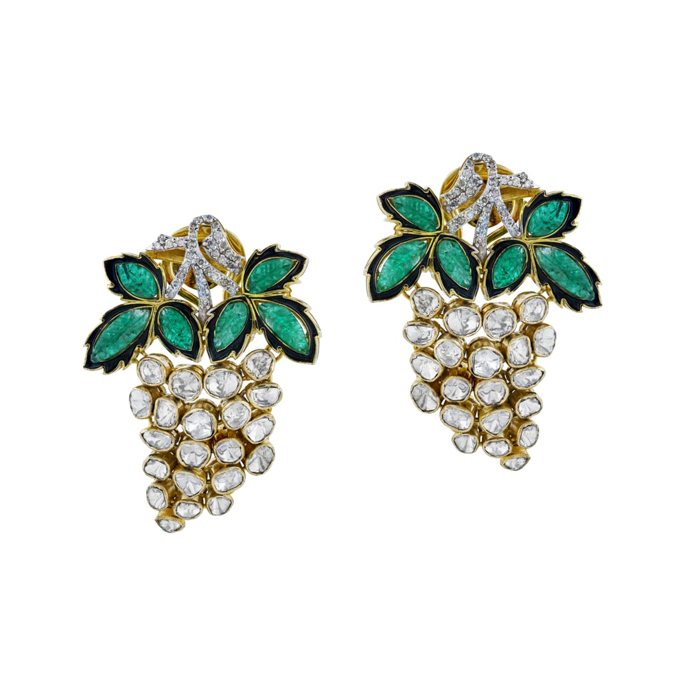 Cluster of Grapes Earrings with Uncut Diamond Polki and Green Talafs