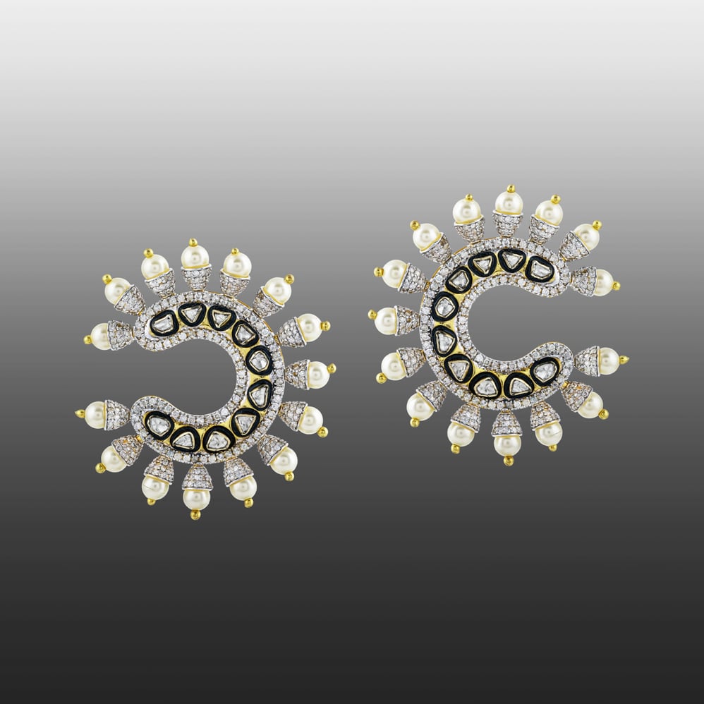 Crescent-Shaped Polki Earrings with Black Enamel, Diamonds and Pearls