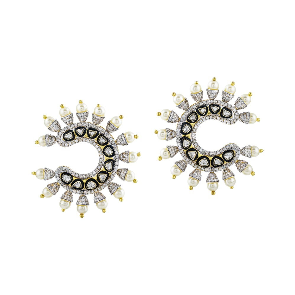 Crescent-Shaped Polki Earrings with Black Enamel, Diamonds and Pearls