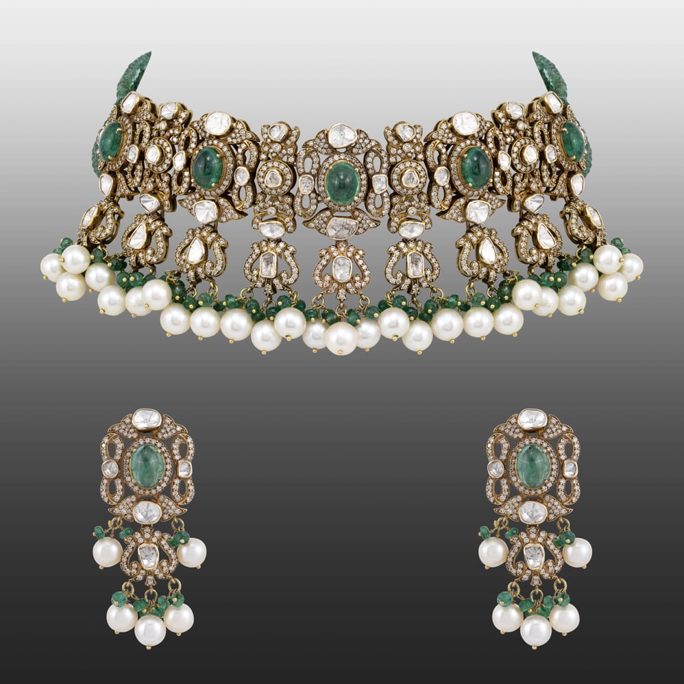 Antique Polki Choker Set with Emeralds , Diamonds and Pearl Clusters