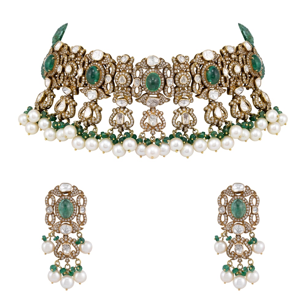 Antique Polki Choker Set with Emeralds , Diamonds and Pearl Clusters
