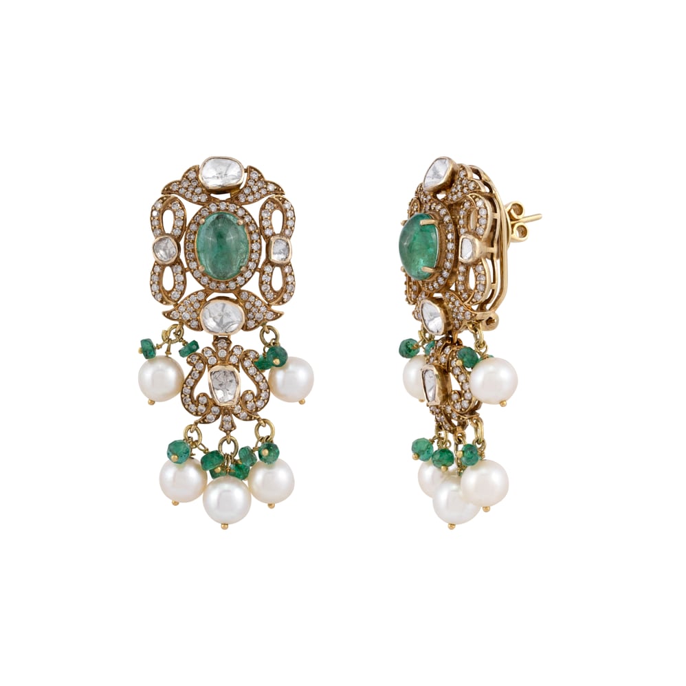 Antique Polki Choker Set with Emeralds , Diamonds and Pearl Clusters