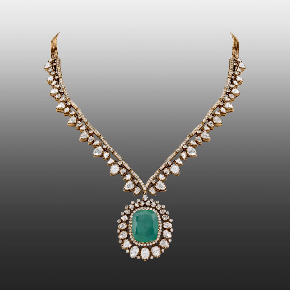 Emerald Pendant Necklace and Earring Set with Diamond Highlights
