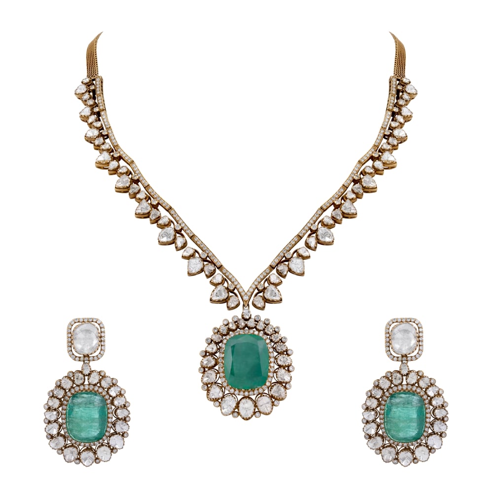 Emerald Pendant Necklace and Earring Set with Diamond Highlights