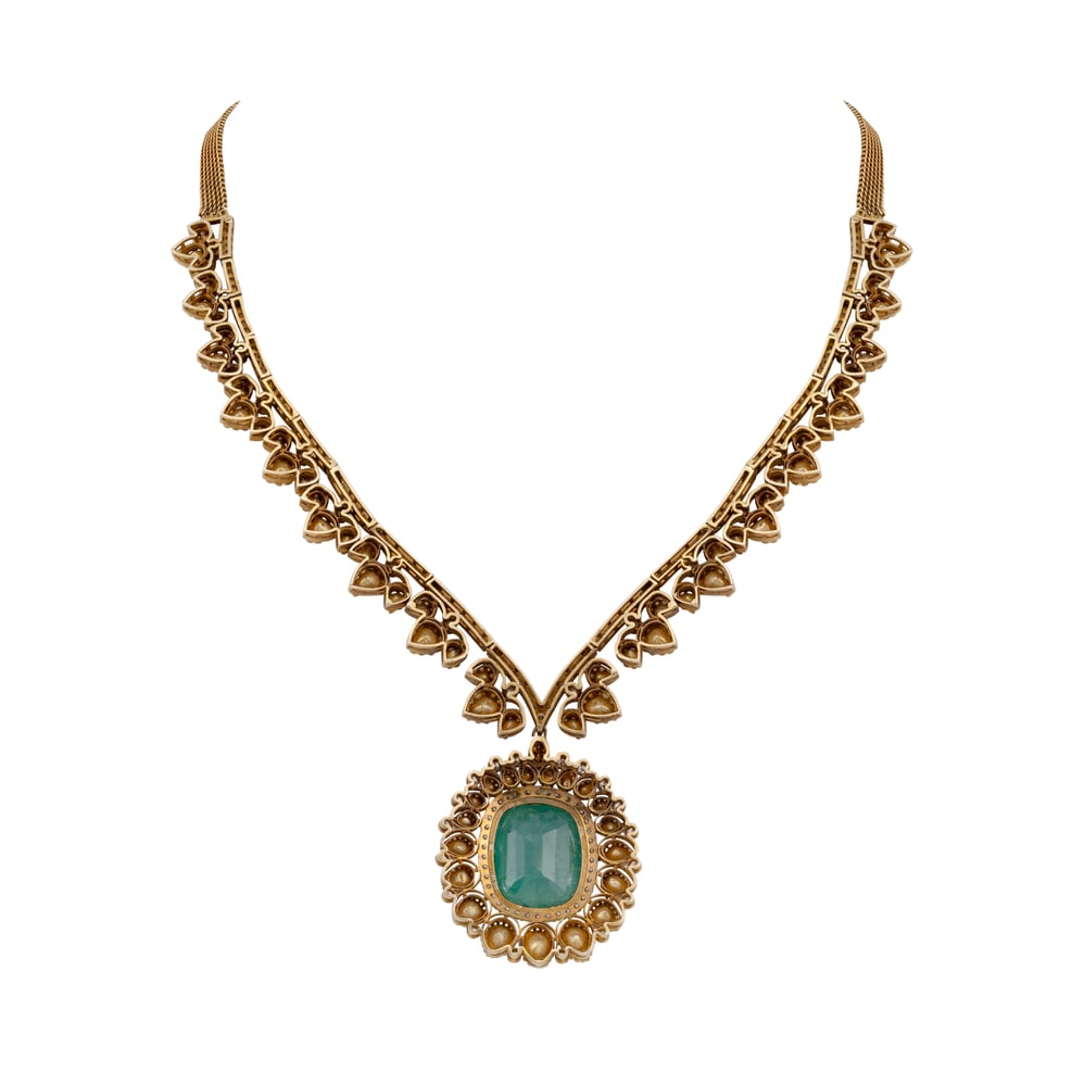 Emerald Pendant Necklace and Earring Set with Diamond Highlights