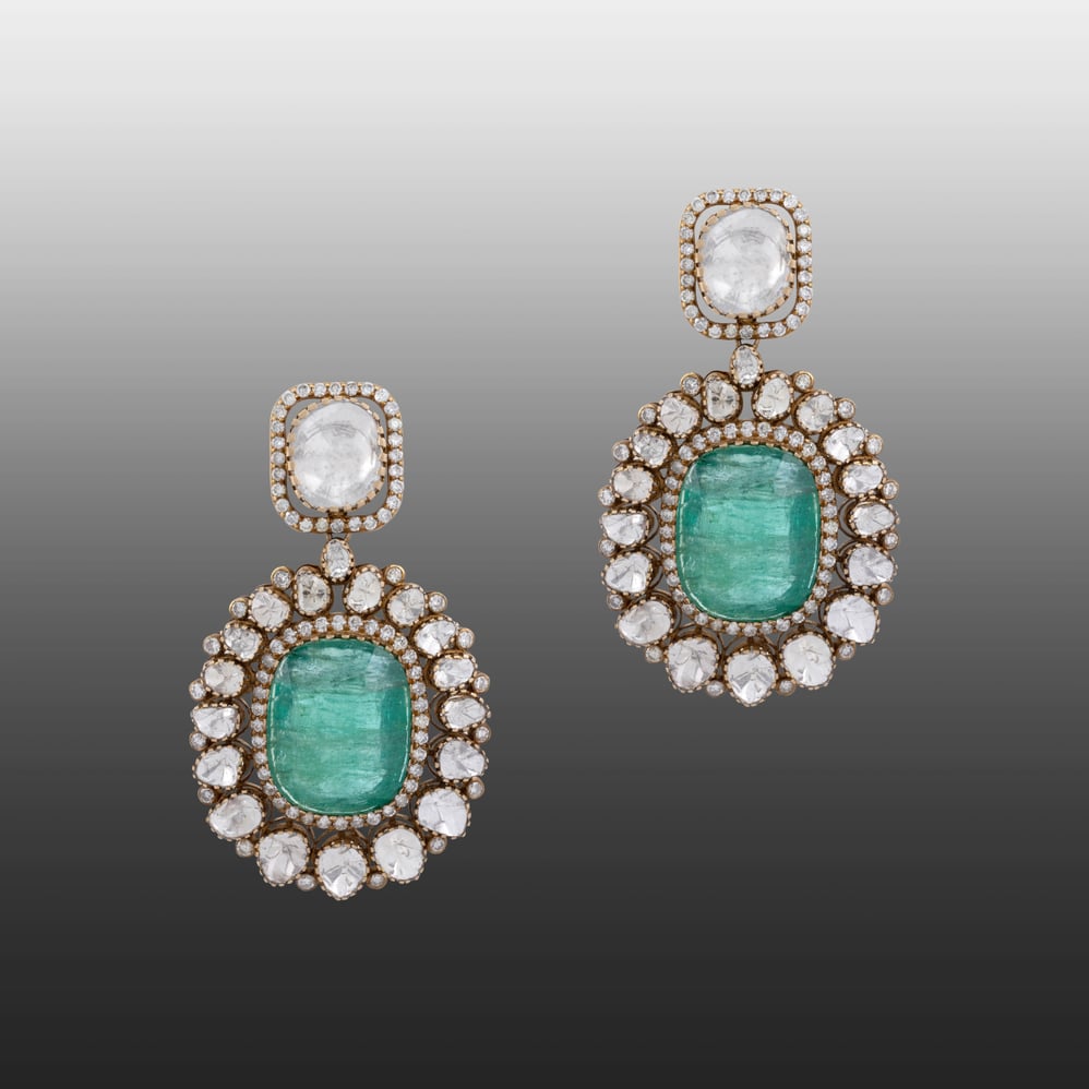 Emerald Pendant Necklace and Earring Set with Diamond Highlights