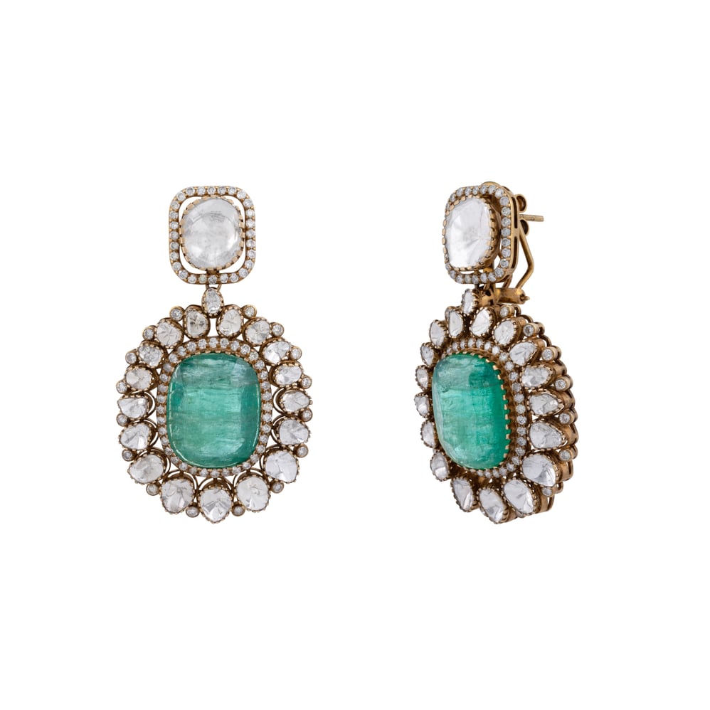 Emerald Pendant Necklace and Earring Set with Diamond Highlights