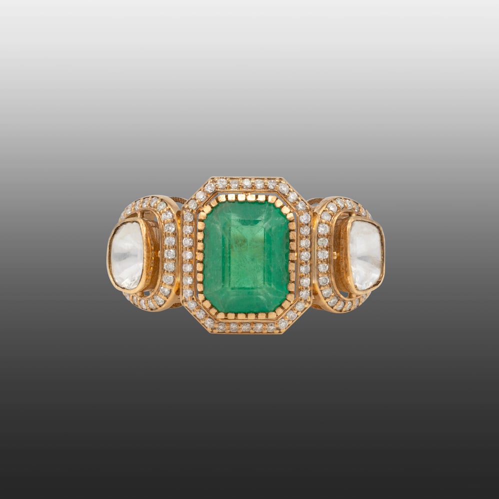Emerald Polki Ring with Diamond Halo