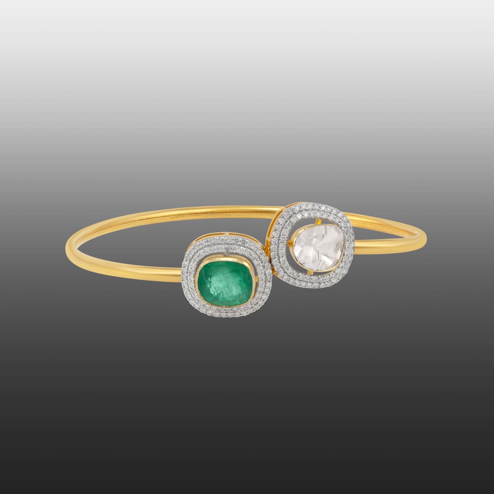 Dual Halo Emerald and Polki Diamond Cuff Bangle