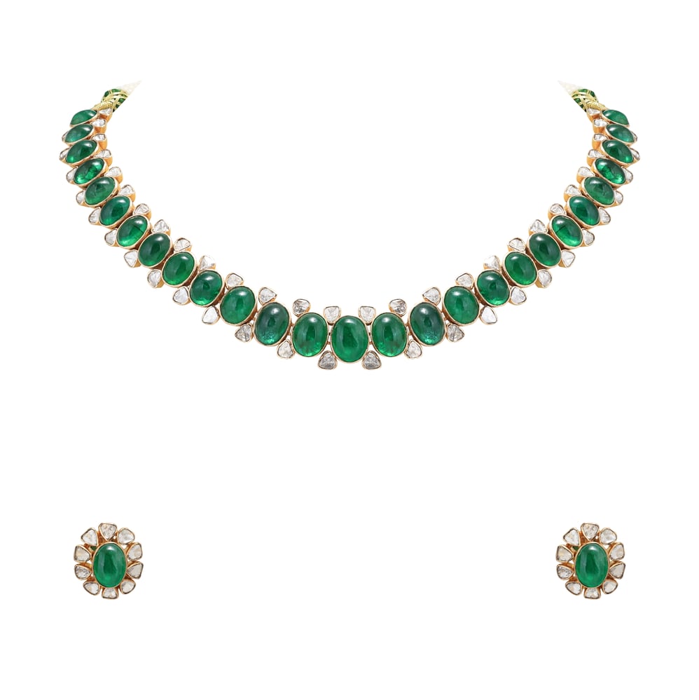 Emerald Cabochon Polki Necklace with Floral Stud
