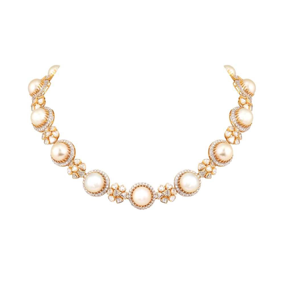 Uncut Polki Floral Necklace with Diamond and Pearls