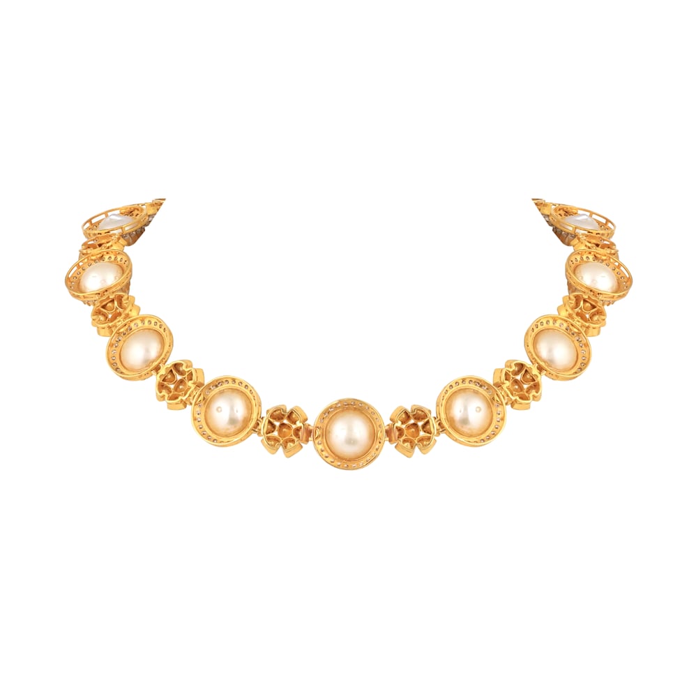 Uncut Polki Floral Necklace with Diamond and Pearls