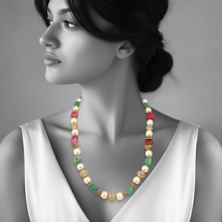 Carved Emerald and Ruby Necklace with Pearl and Diamond Accents