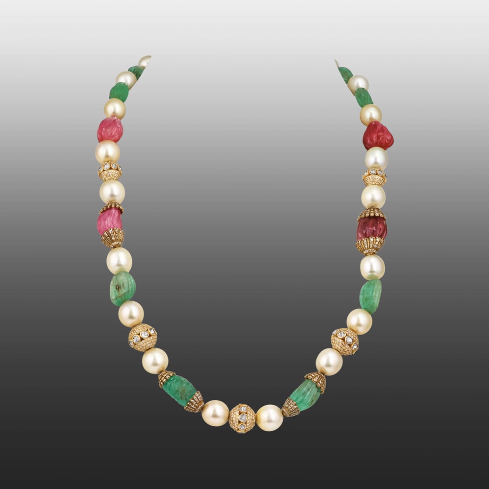 Carved Emerald and Ruby Necklace with Pearl and Diamond Accents