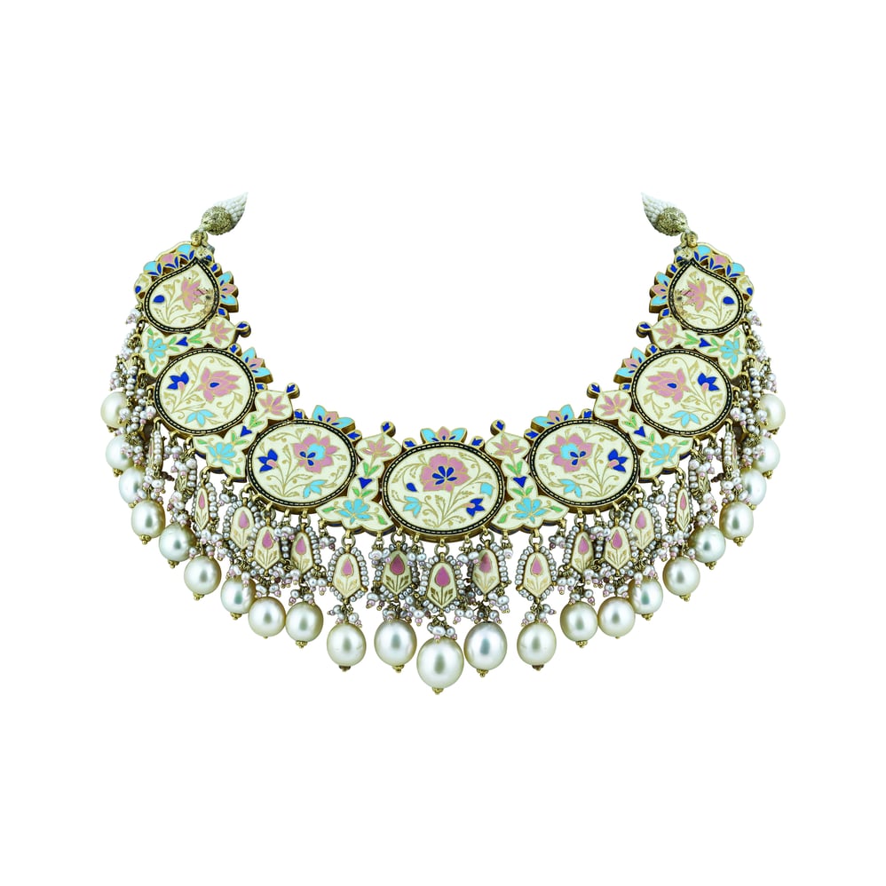 Pink Enamel Necklace Set with Uncut Diamond Polkis & Pearls