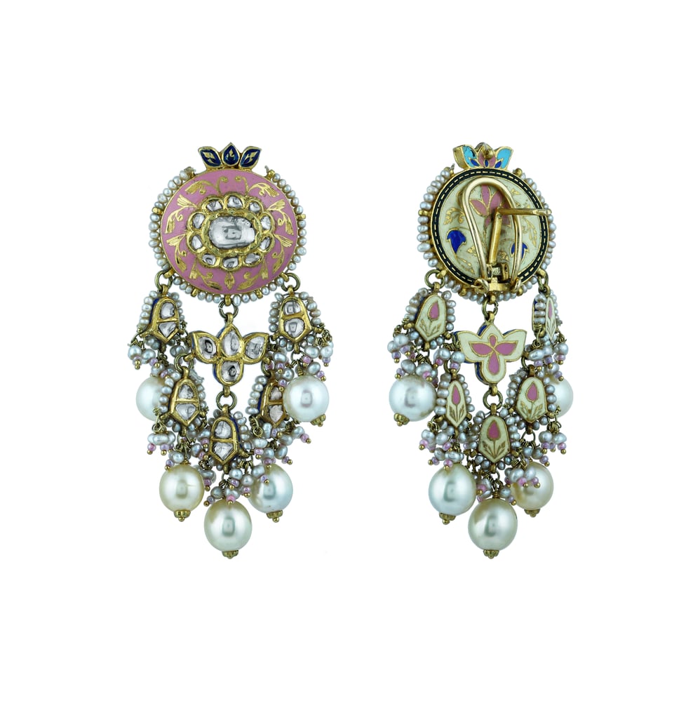 Pink Enamel Necklace Set with Uncut Diamond Polkis & Pearls