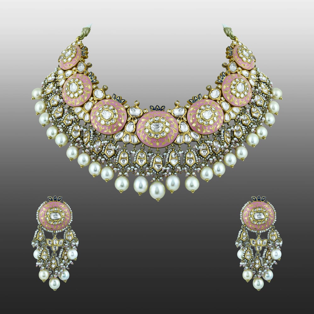Pink Enamel Necklace Set with Uncut Diamond Polkis & Pearls