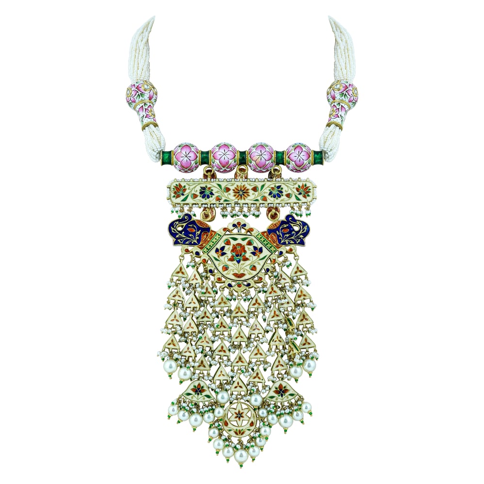 Pink White Meenakari Necklace Set with Uncut Diamond Polkis & Pearls