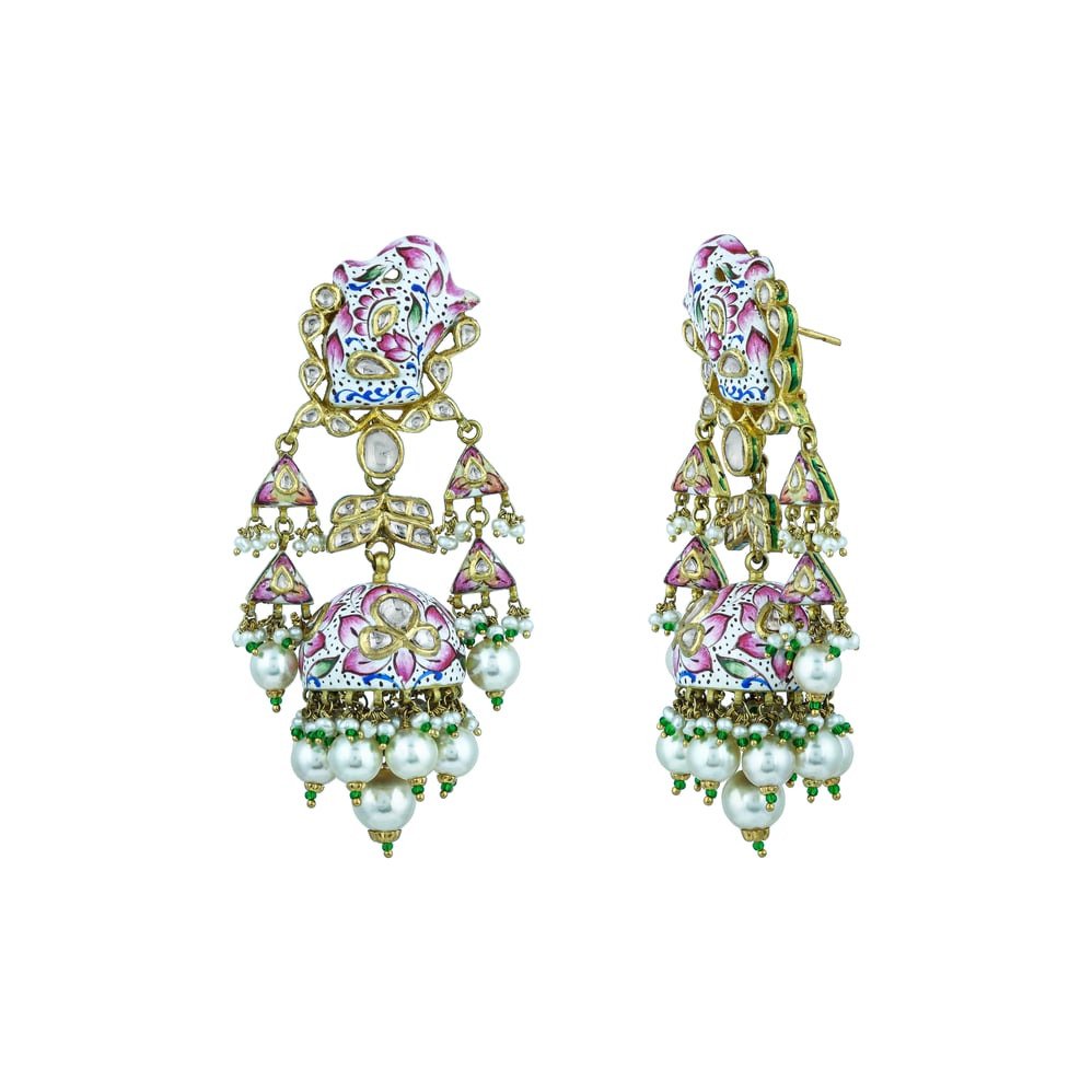 Pink White Meenakari Necklace Set with Uncut Diamond Polkis & Pearls