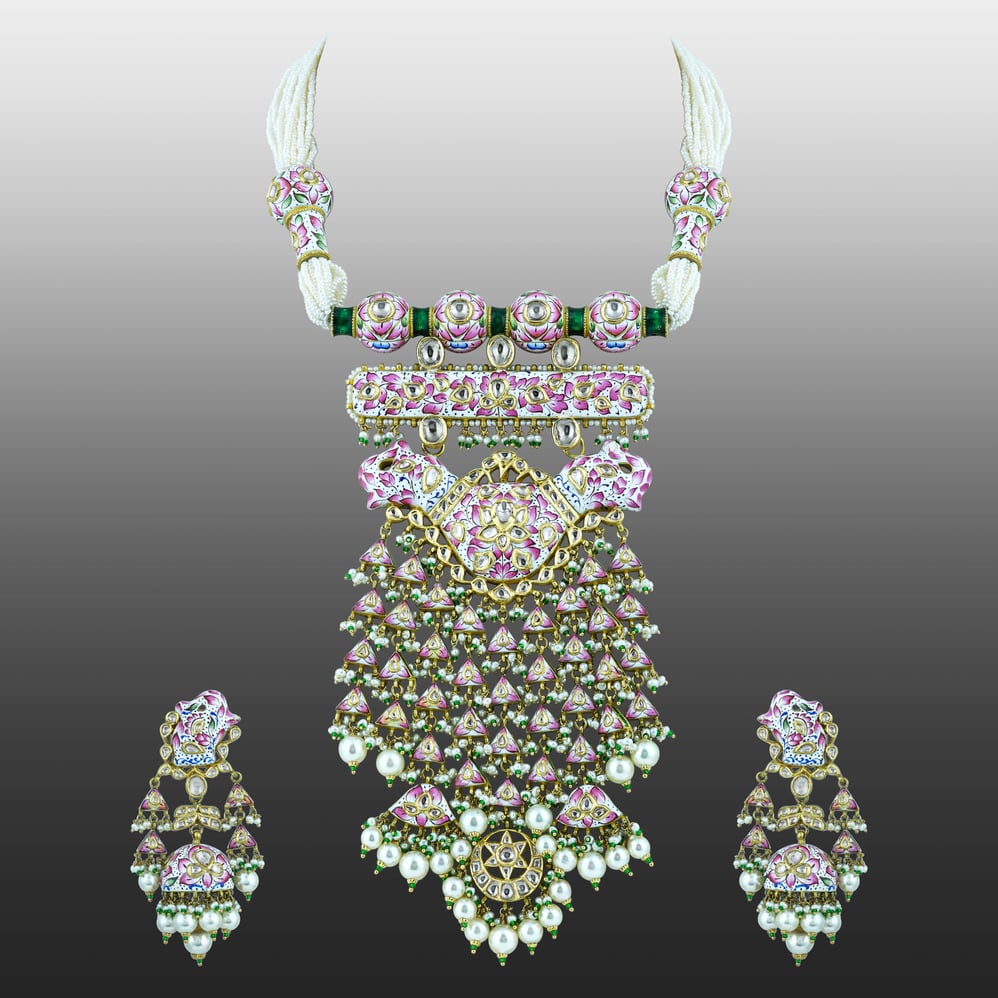 Pink White Meenakari Necklace Set with Uncut Diamond Polkis & Pearls