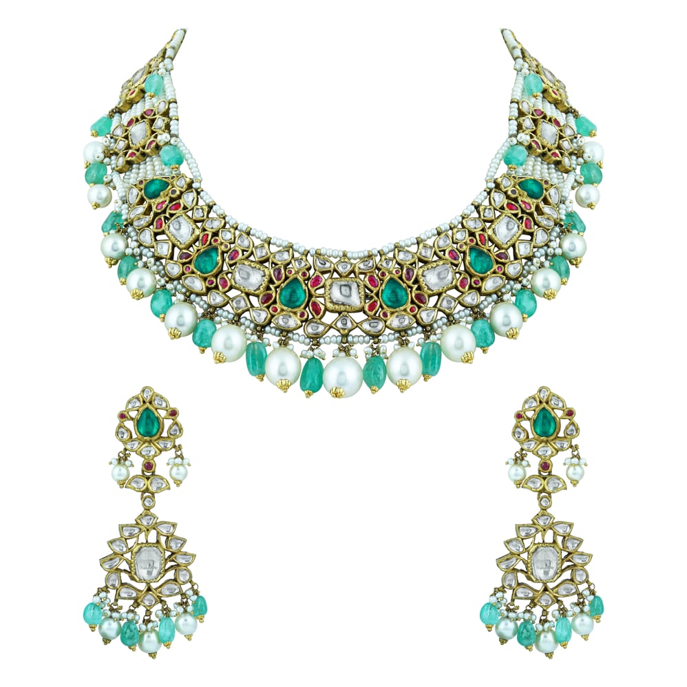 Uncut Diamond Polki Necklace Set with Emerald ,Ruby and Pearls