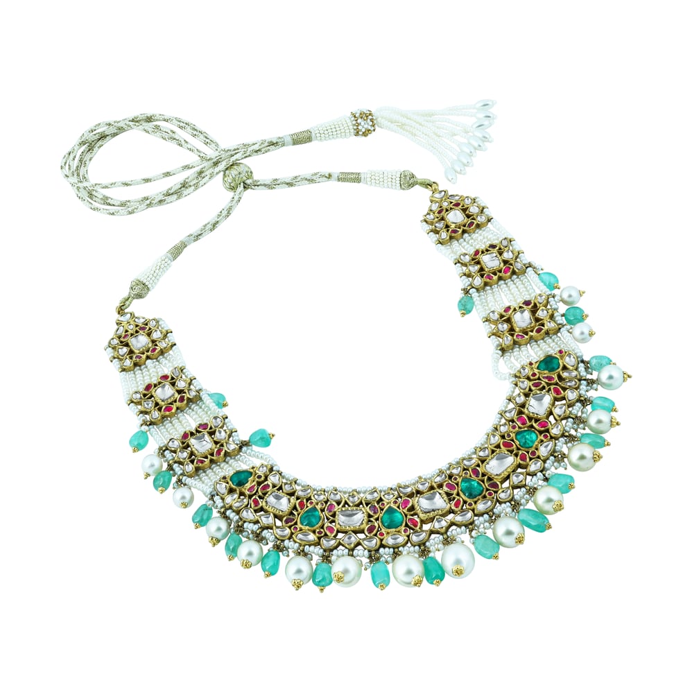 Uncut Diamond Polki Necklace Set with Emerald ,Ruby and Pearls