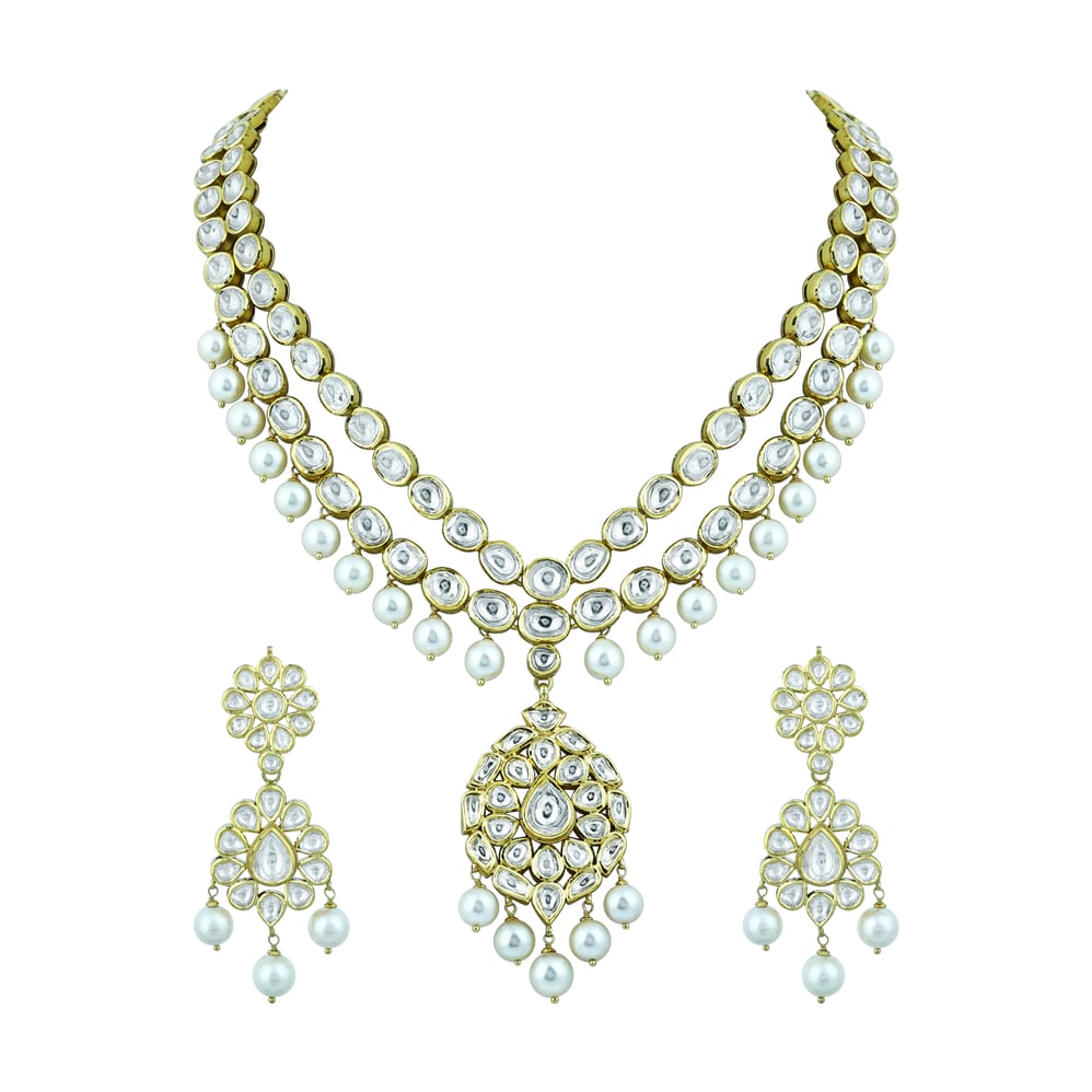 Double-Layer Necklace Pendant Set with Polkis and Pearls