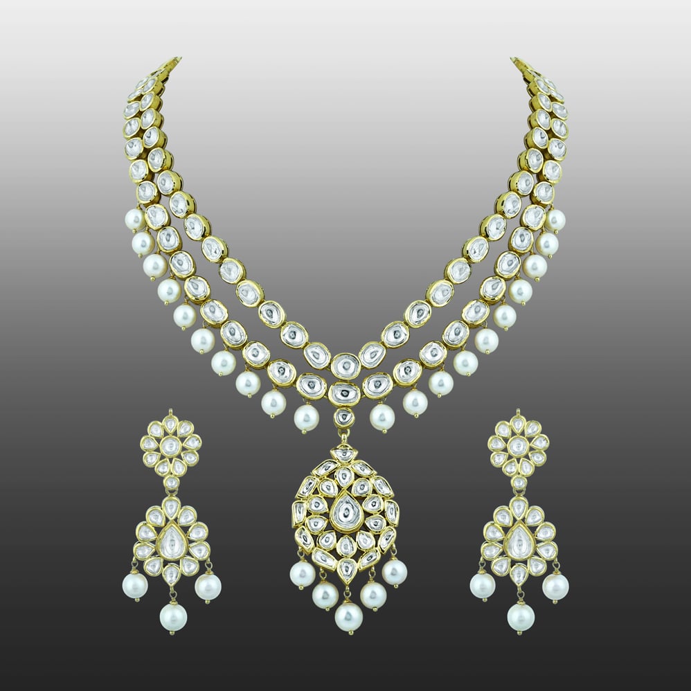 Double-Layer Necklace Pendant Set with Polkis and Pearls