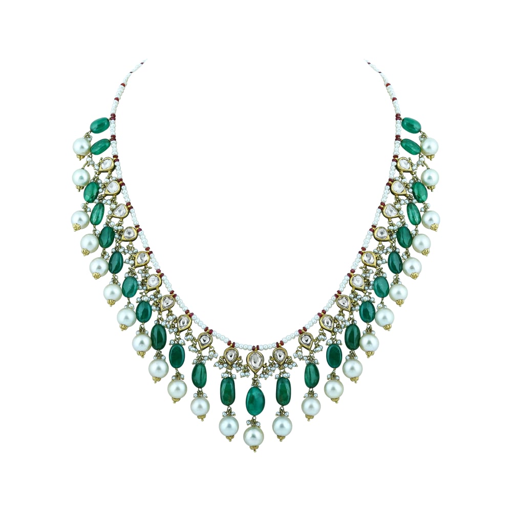 Diamond Polki Necklace with Emerald and Pearls