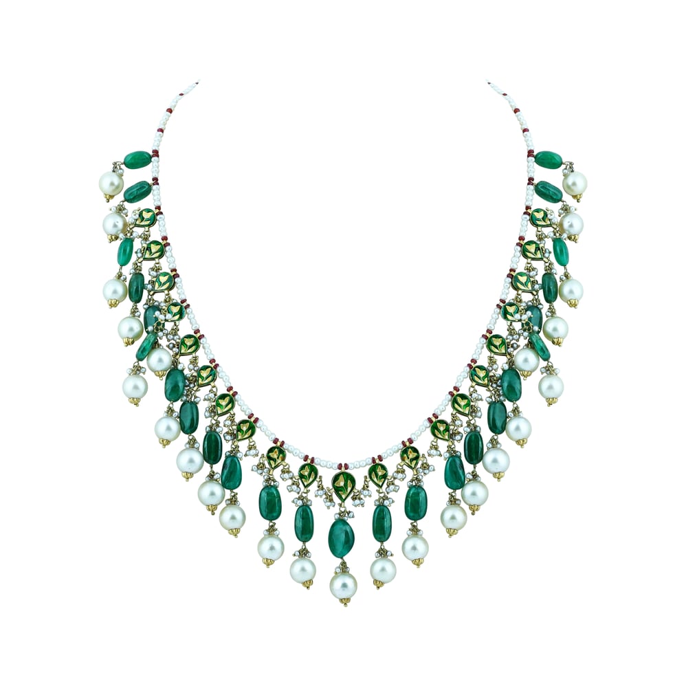 Diamond Polki Necklace with Emerald and Pearls