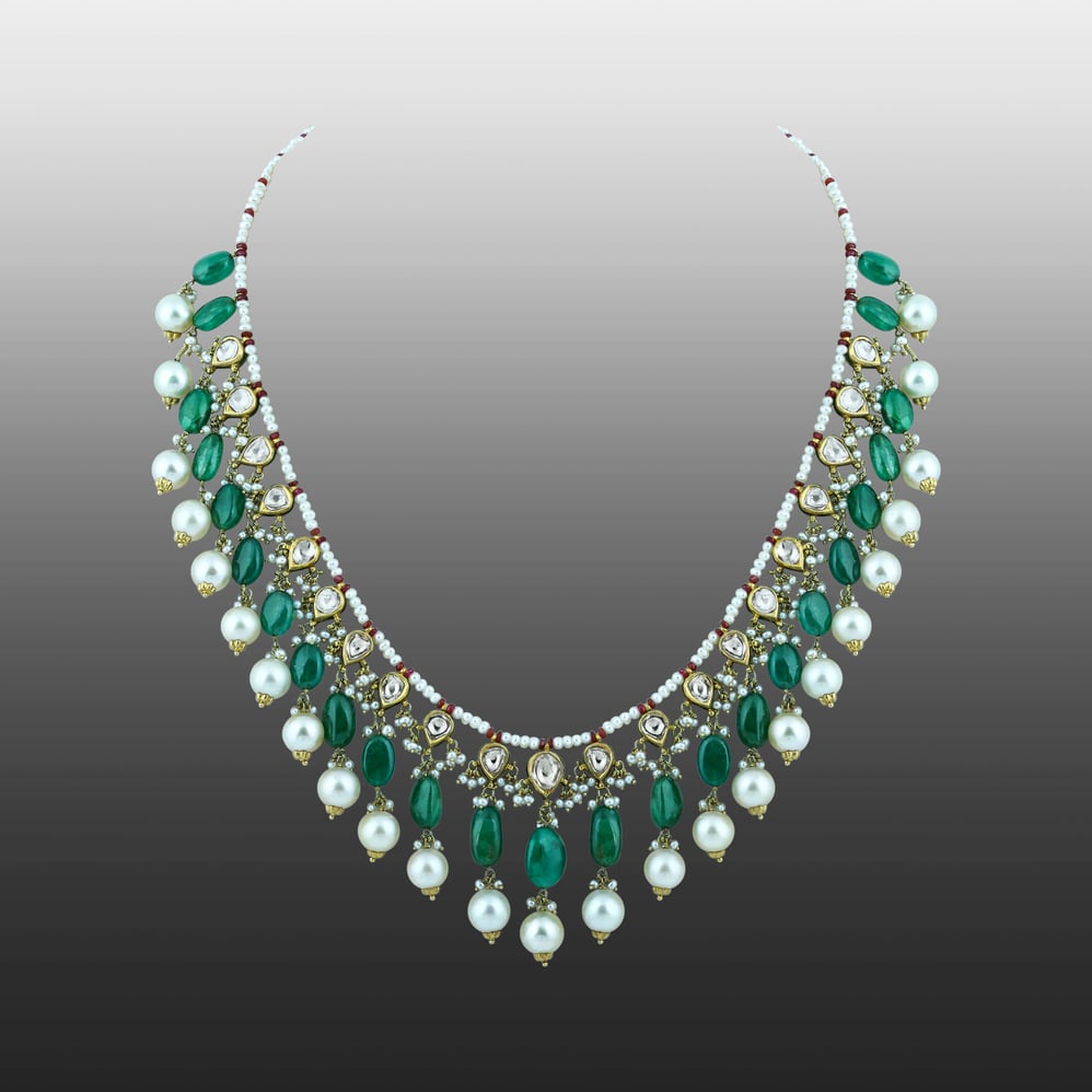 Diamond Polki Necklace with Emerald and Pearls