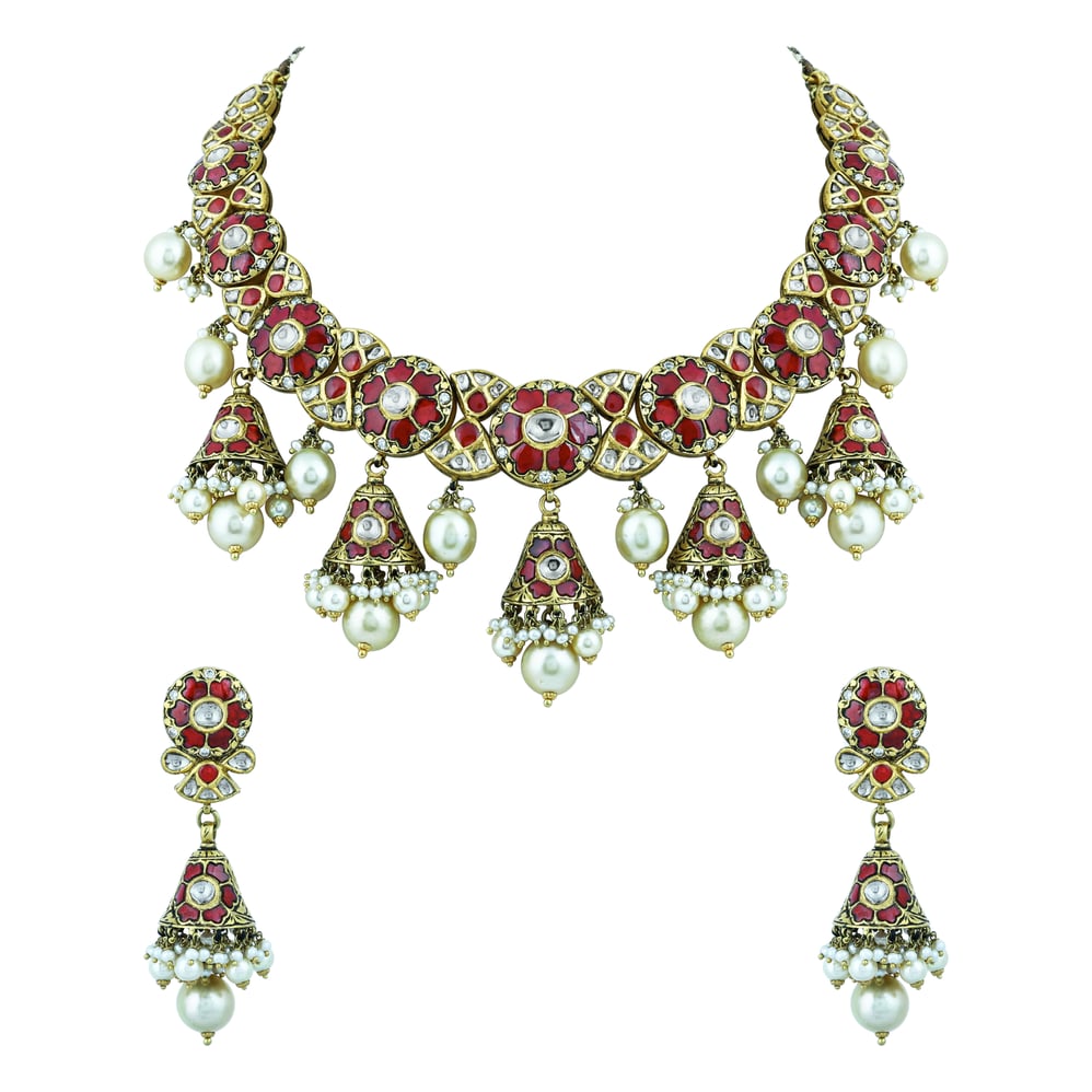 Red Talaf and Pearl Necklace Set with Partash work