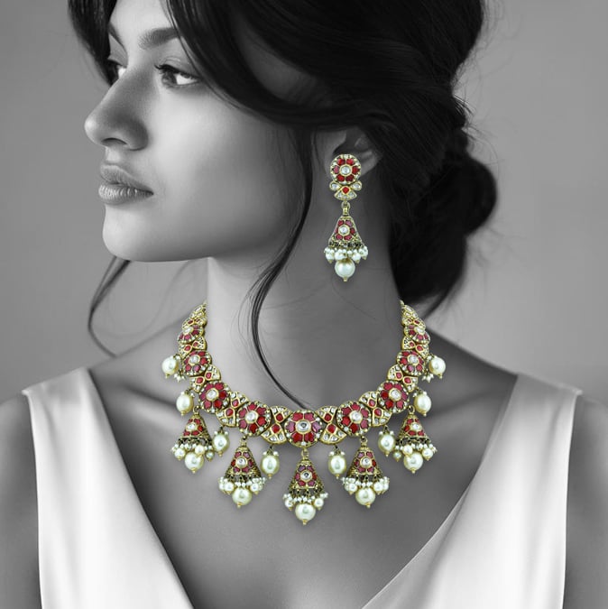 Red Talaf and Pearl Necklace Set with Partash work