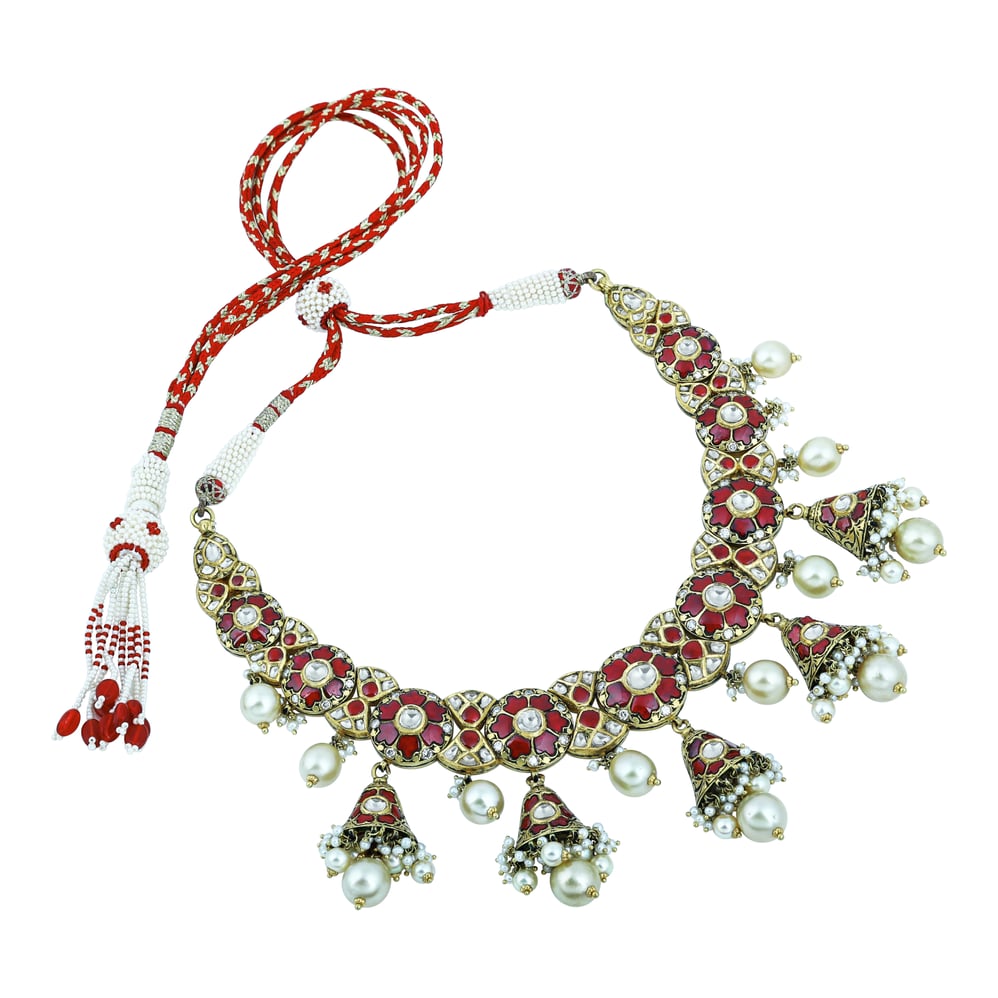 Red Talaf and Pearl Necklace Set with Partash work