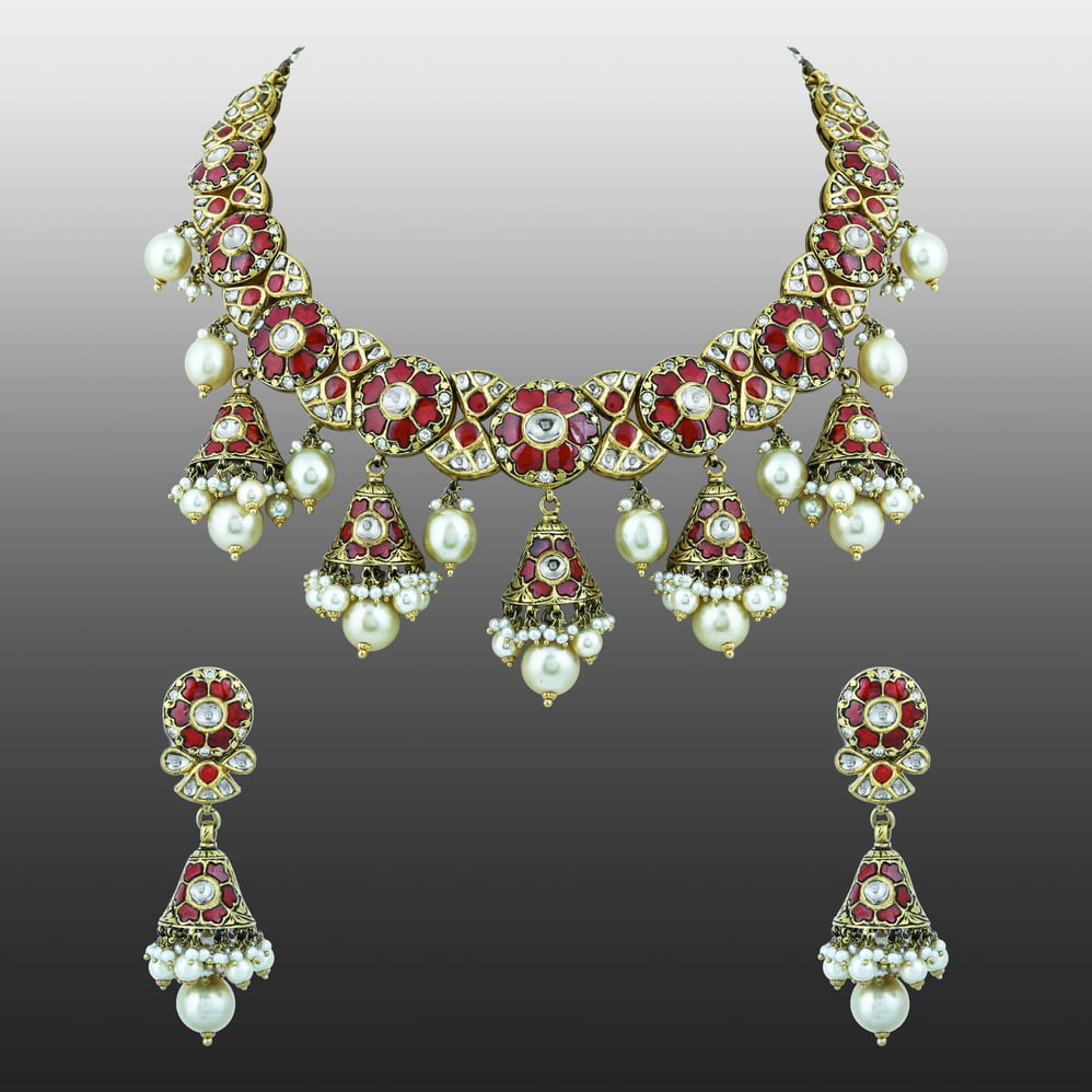 Red Talaf and Pearl Necklace Set with Partash work