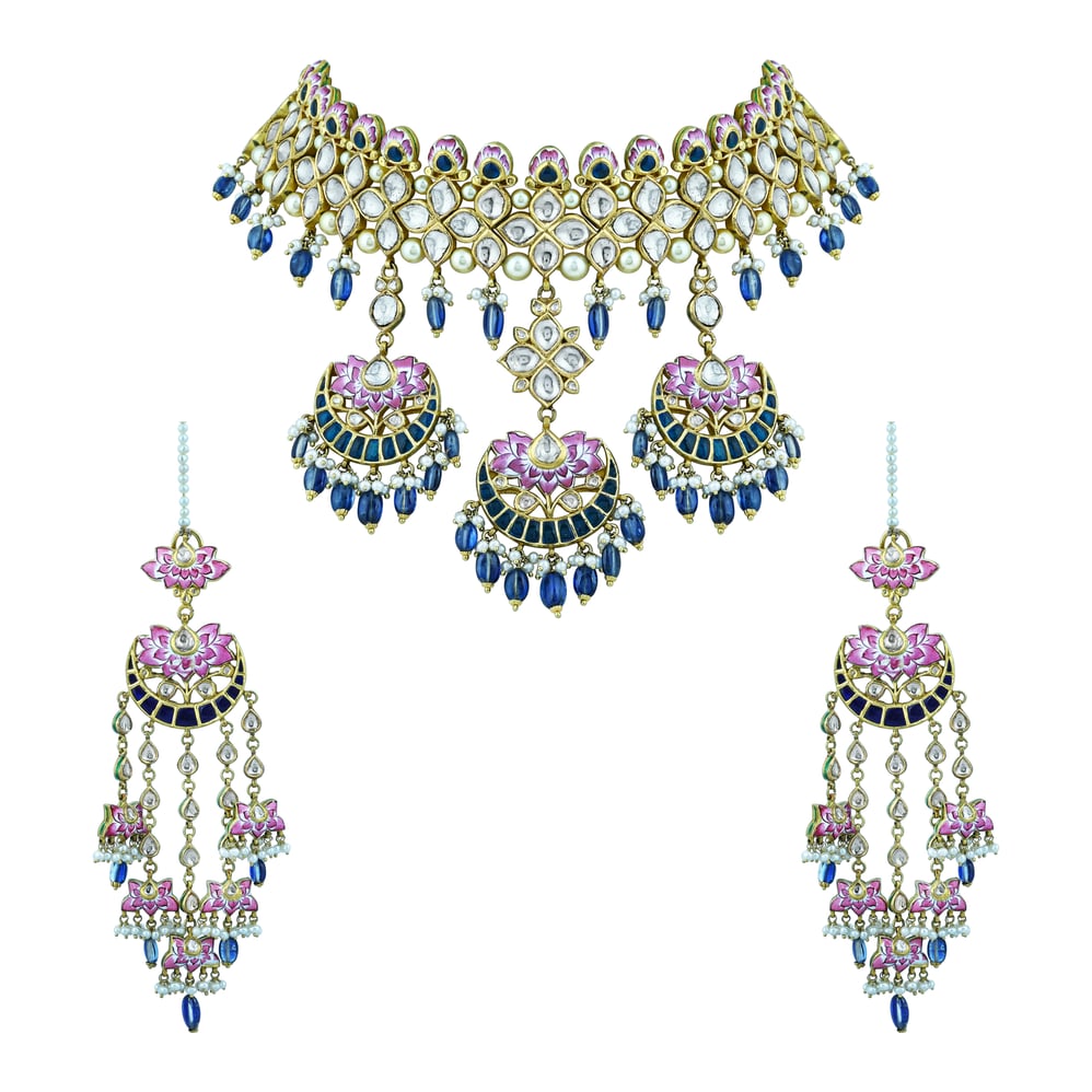Lotus Enamel Choker Set with Polkis and Blue Kinite Beads