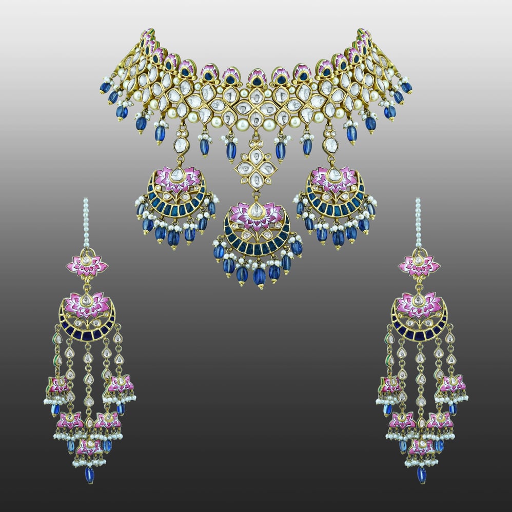 Lotus Enamel Choker Set with Polkis and Blue Kinite Beads
