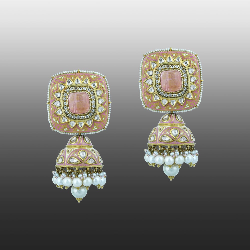 Rose Enamel Choker Set with Square Polki and Pearl Drops