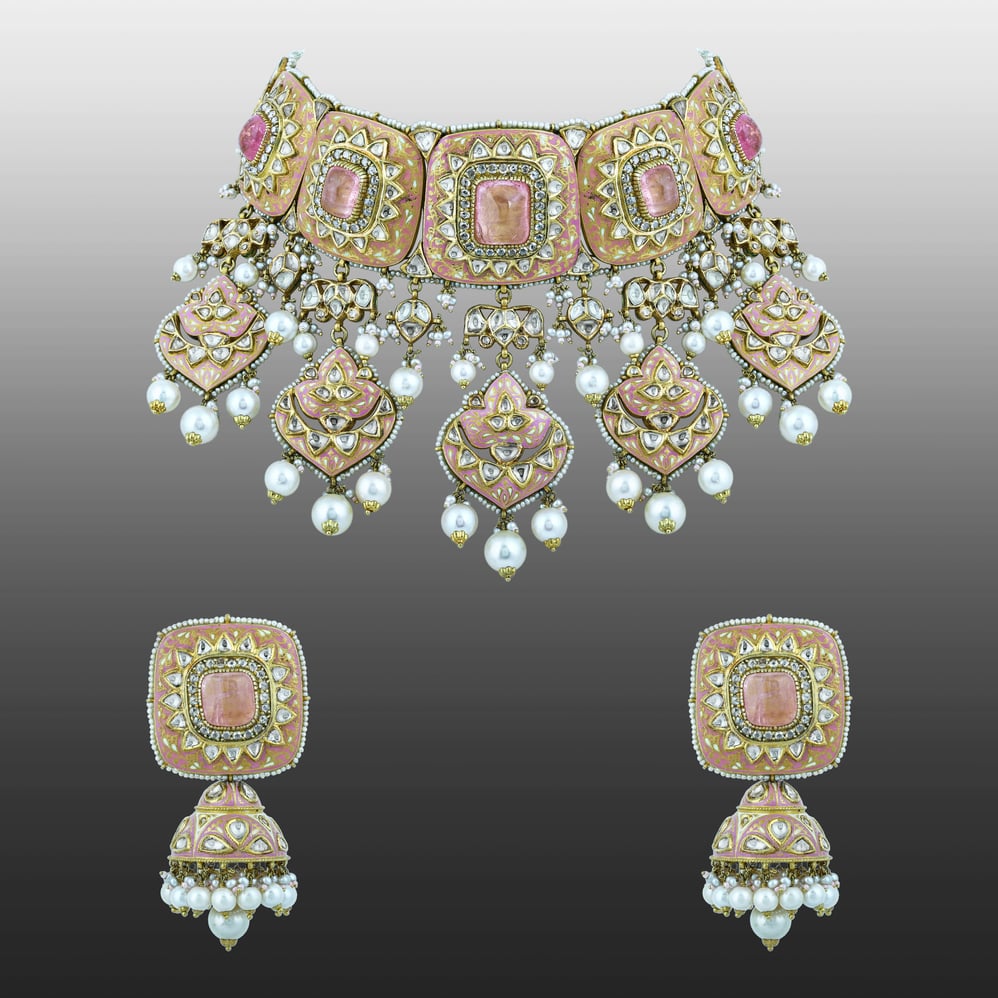 Rose Enamel Choker Set with Square Polki and Pearl Drops