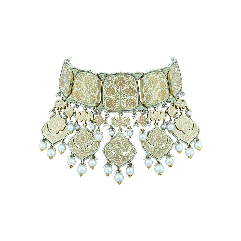 Rose Enamel Choker Set with Square Polki and Pearl Drops