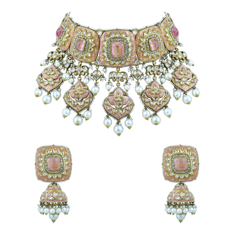 Rose Enamel Choker Set with Square Polki and Pearl Drops