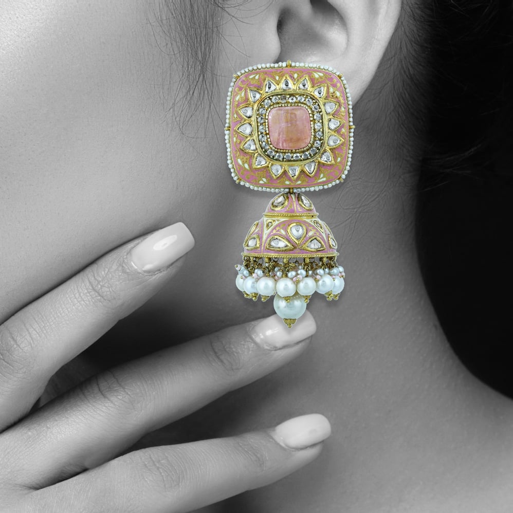 Rose Enamel Earrings with Square Polki and Pearl Drops