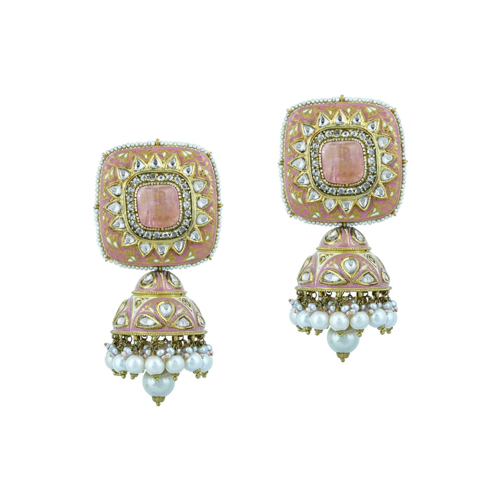 Rose Enamel Earrings with Square Polki and Pearl Drops